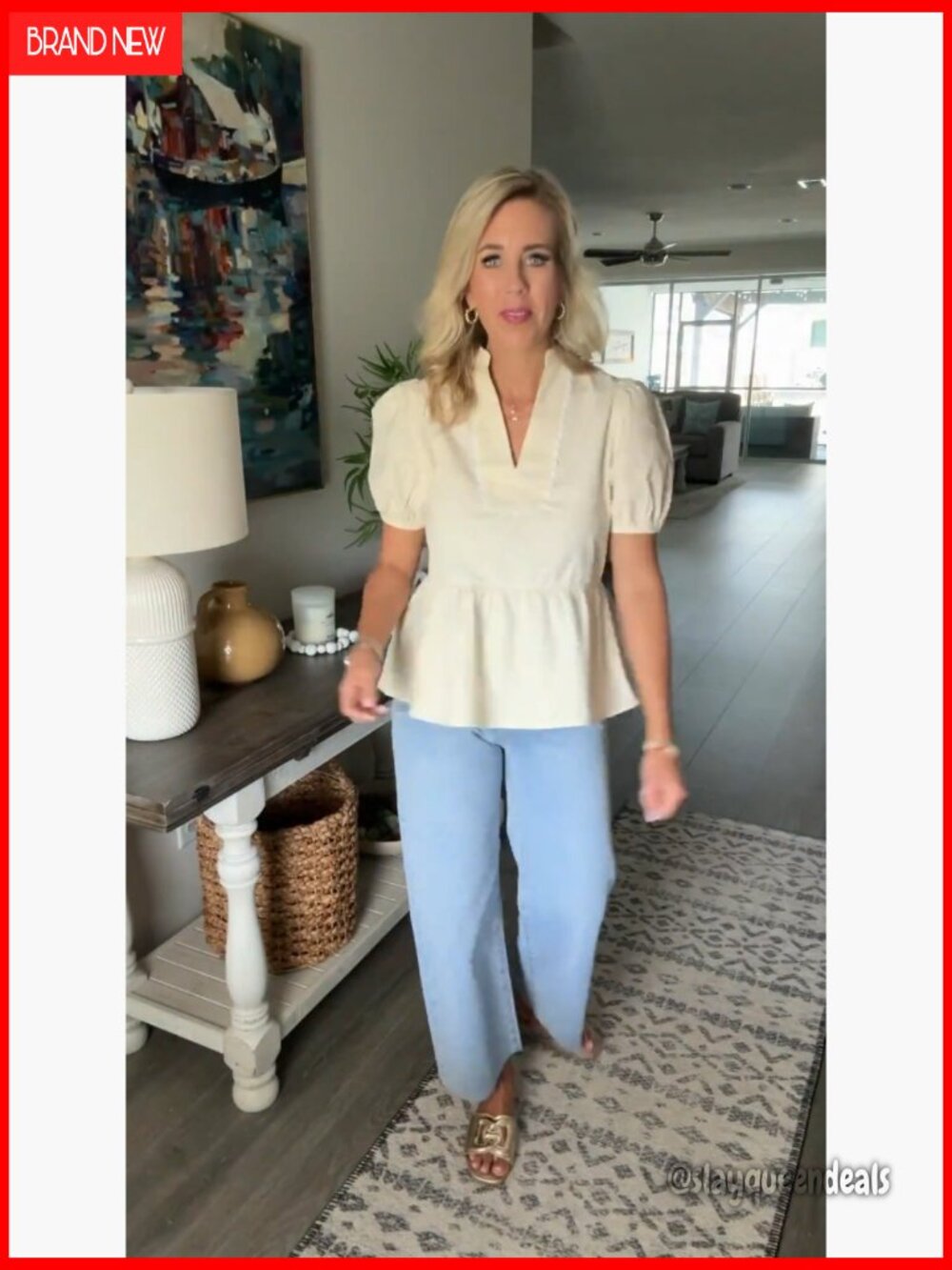 Puff Sleeve Peplum Blouse V Neck Babydoll Top Loose Fit - Picture 7 of 7